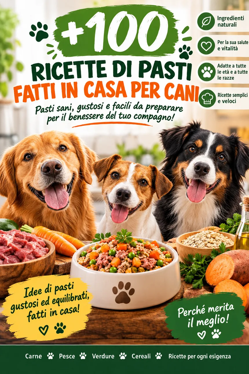 Copertina della guida +100 ricette di pasti fatti in casa per cani